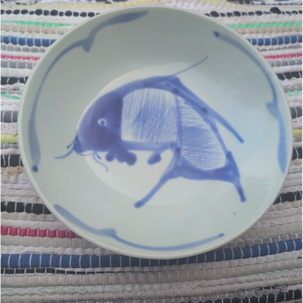Vintage Chinese Koi Carp Fish Blue Hand Painted Porcelain 8" Bowl